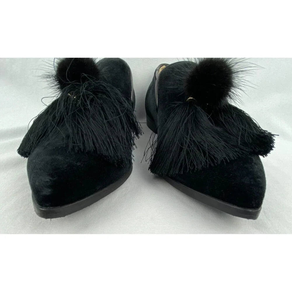JON JOSEF Blair Loafers Women 6M Black Velvet Rabbit Fur Pom Spain Blair Waldorf